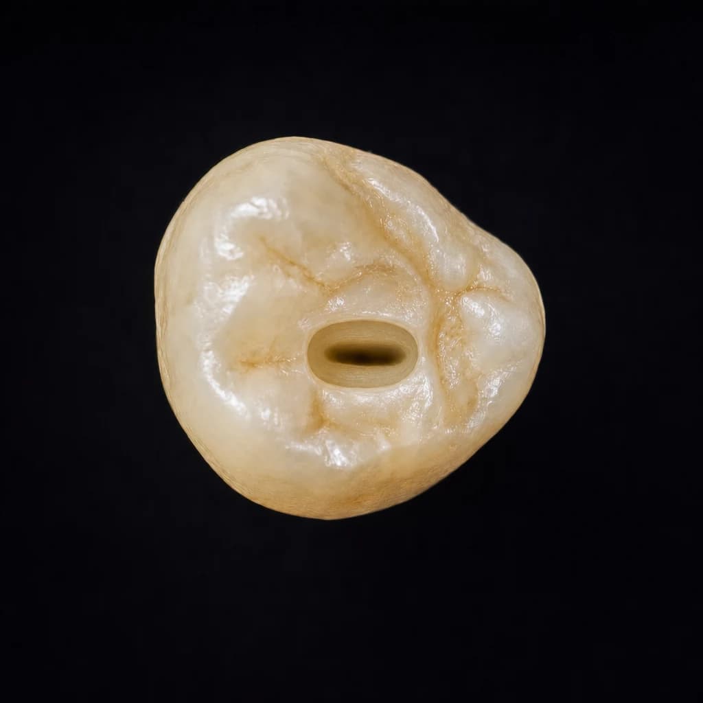 Primer premolar inferior — acceso oclusal oval con un único orificio de conducto en forma de ranura