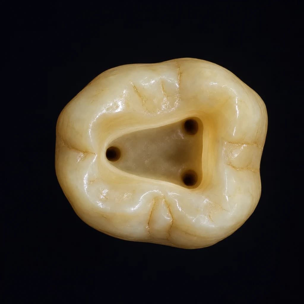 Acceso de molar inferior de tres conductos — orificios mesiovestibular, mesiolingual y distal