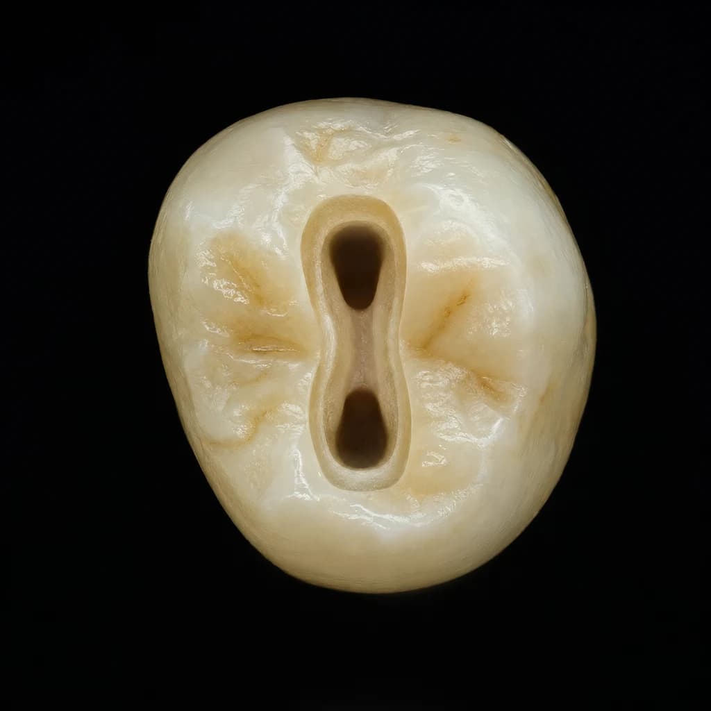 Primer premolar superior — acceso oval bucopalatino con dos orificios, vestibular y palatino, unidos por un istmo