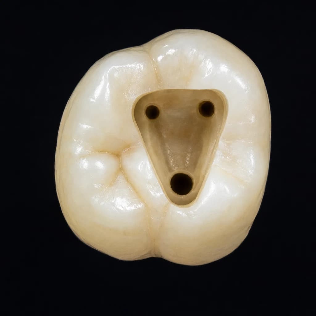 Acceso de molar superior de tres conductos — contorno triangular redondeado con orificios mesiovestibular, distovestibular y palatino