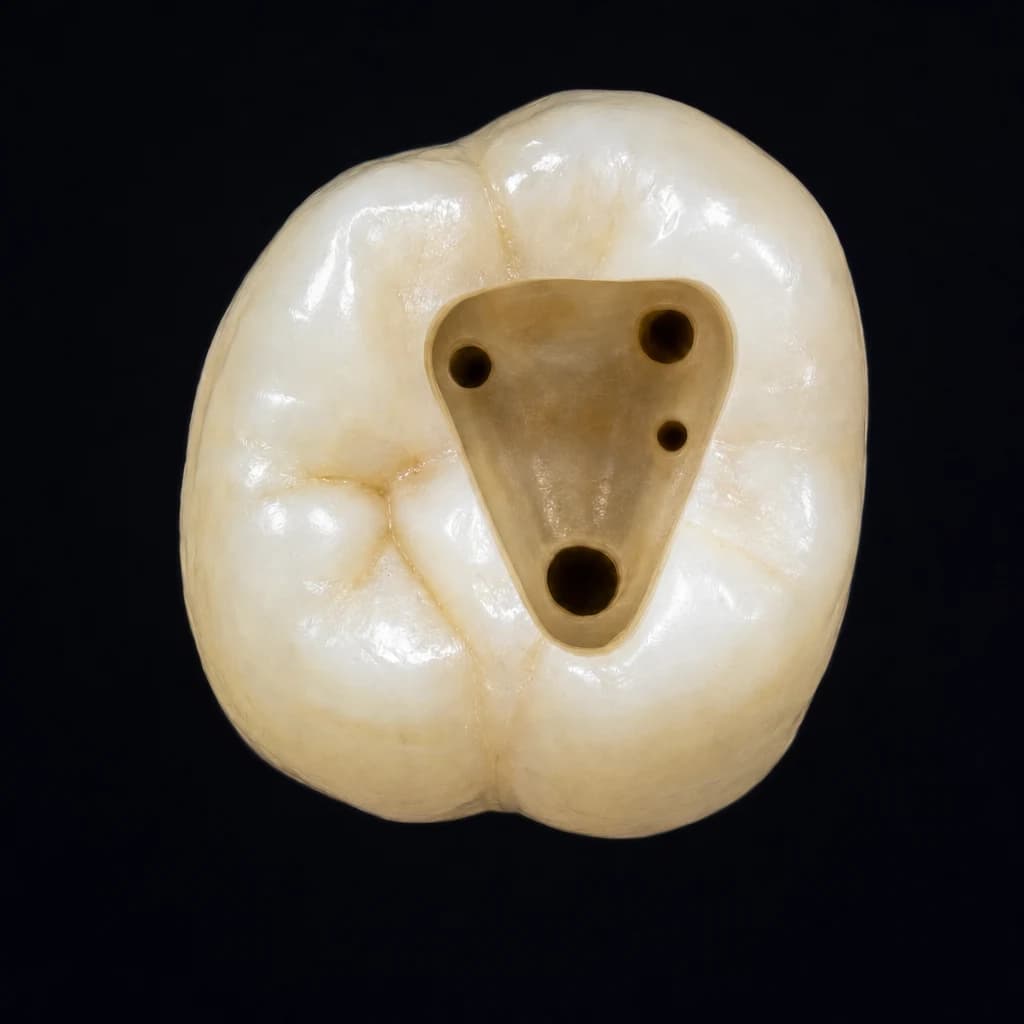Primer molar superior — acceso oclusal romboidal con cuatro orificios: MB1, MB2, DB y palatino