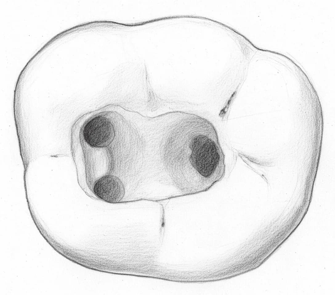 Segundo Molar Inferior - Vista axial mostrando el acceso trapezoidal con orificios de los conductos