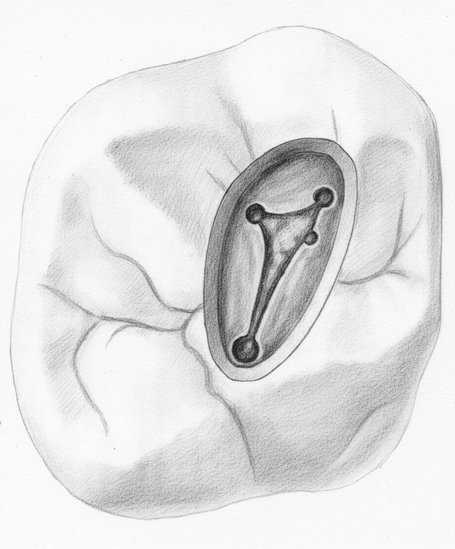 Primer Molar Superior - Vista axial mostrando el acceso triangular/romboidal con orificios MB1, MB2, DV y palatino