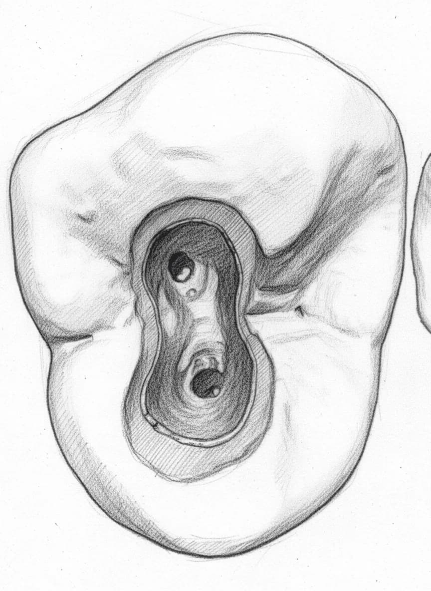 Primer Premolar Superior - Vista axial mostrando la cavidad de acceso ovoide con conductos vestibular y palatino